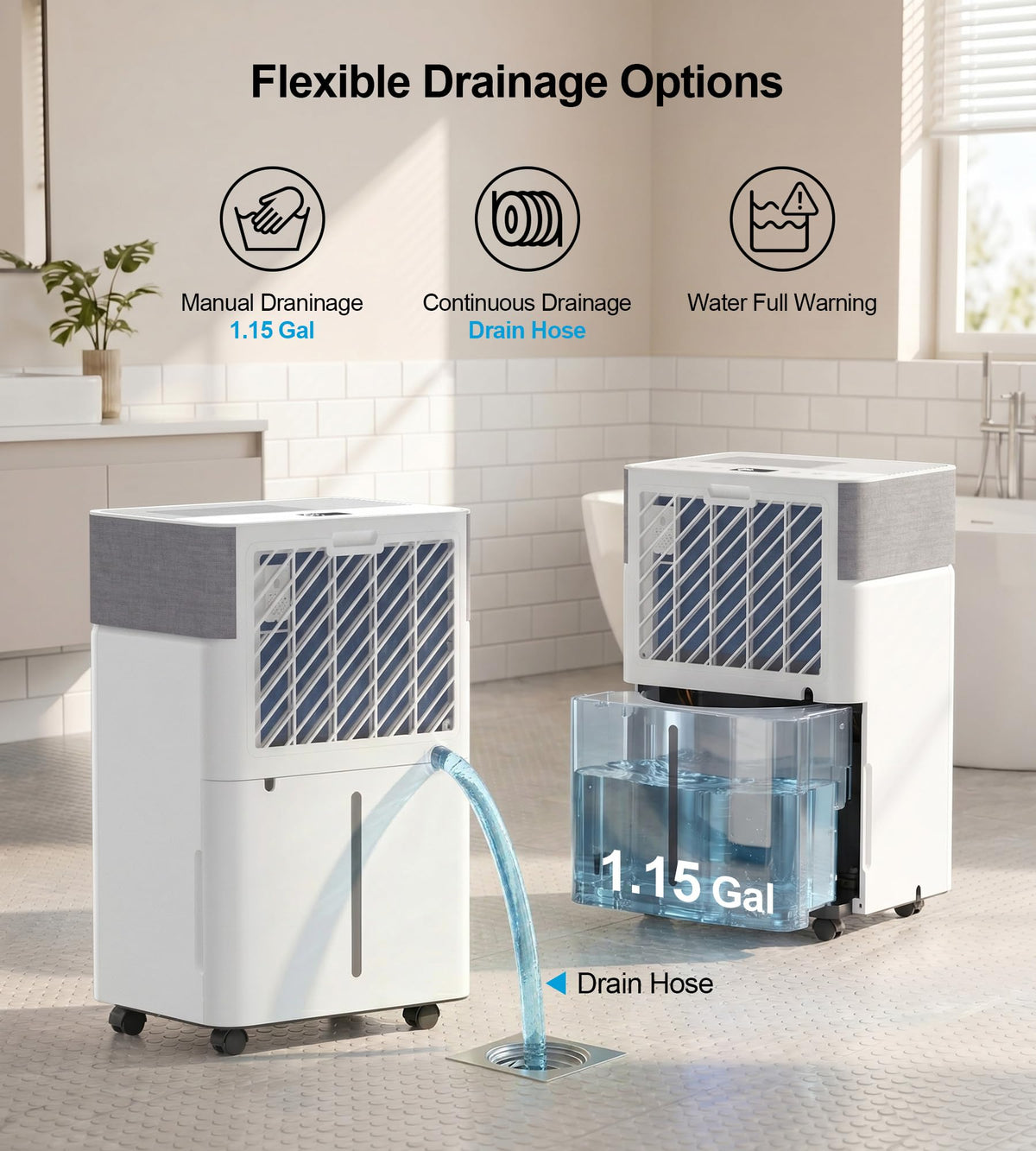 AKIRES 55Pint Dehumidifier for 4000Sq.Ft, Smart Dehumidifier with Drain Hose, 1.15Gal Removable Tank, LED Display, 24H Timer & Child Lock, Dehumidifier for Basement,Bedroom,Bathroom(White)