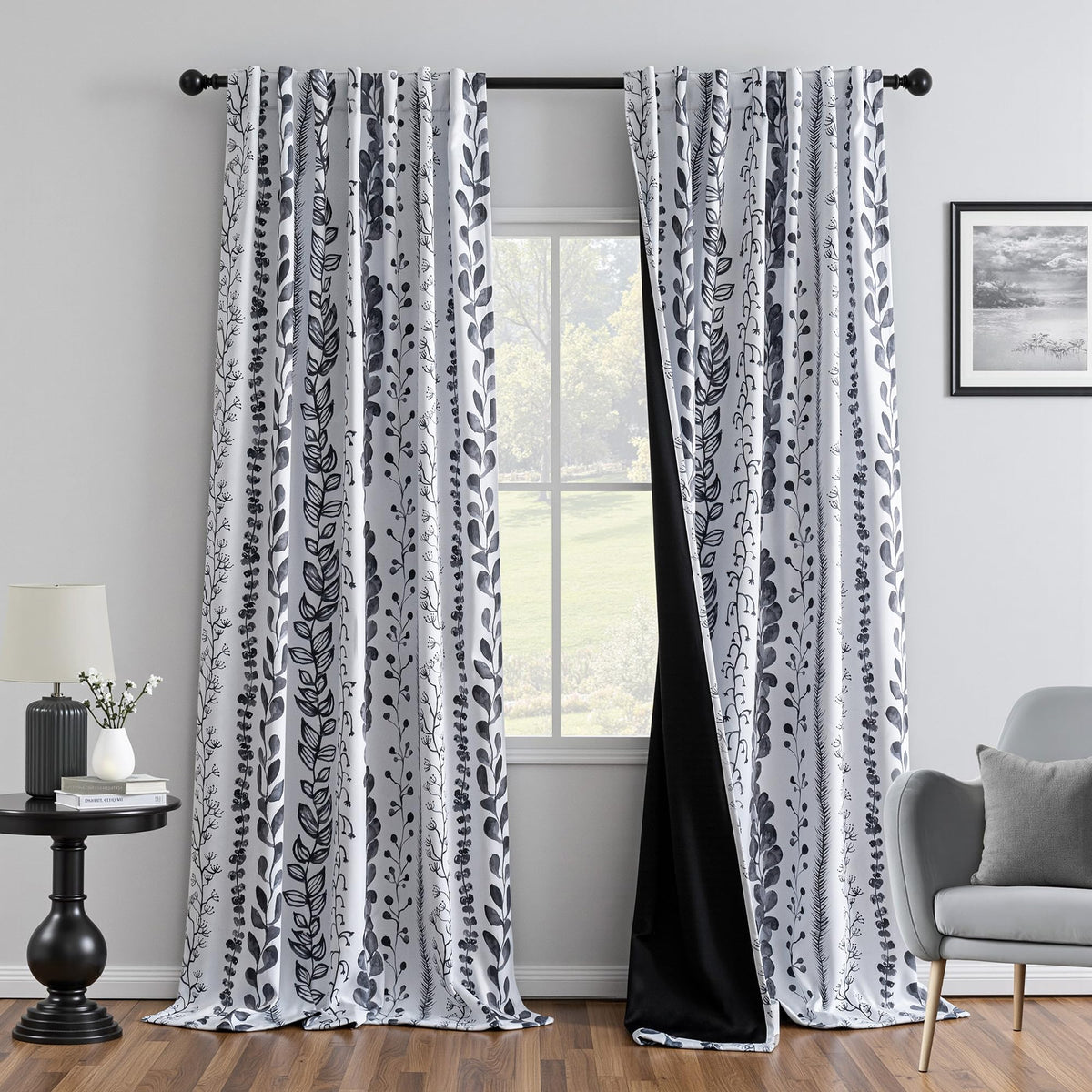MEETSKY Boho Blackout Leaves Patterned Curtains 84 Inch Long 2 Panels Set for Bedroom, Room Darkening Dark Grey Drapes for Living Room, Thermal Insulated Rod Pocket Back Tab Window Treatment, 50"Wide