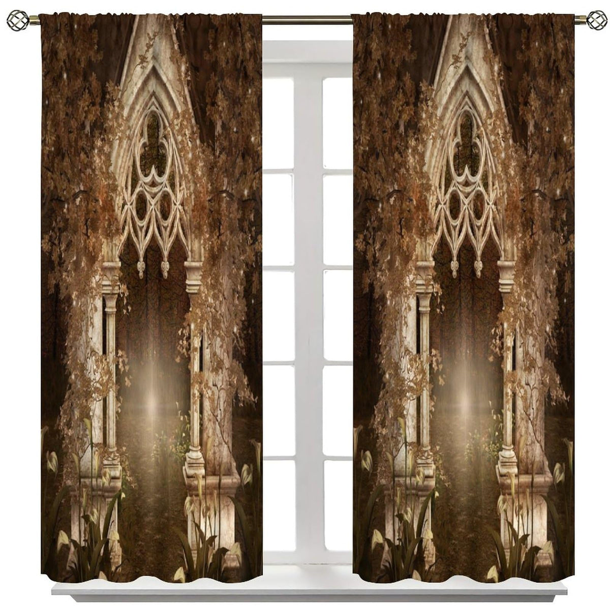 YCness Fantasy Nature Landscape Curtains, Golden Sparkle Gothic Fantasy Gate Magic Dreamland Fairy Window Treatments for Kitchen Living Room Bedroom Home, 2 Panels 42x45 Inch