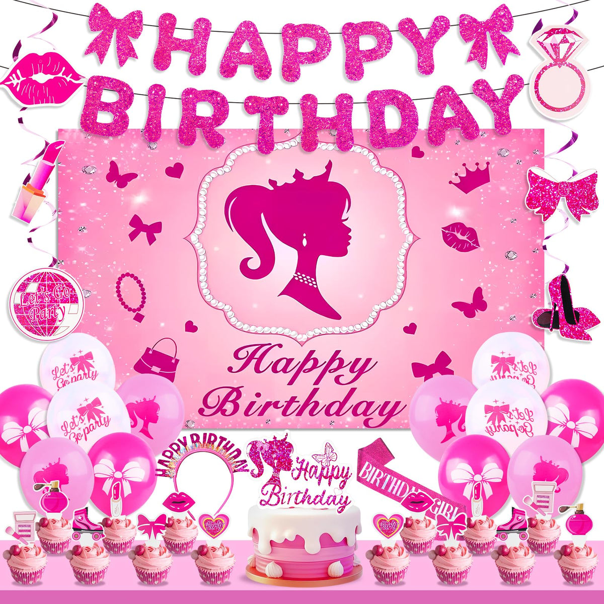 Hot Pink Birthday Party Decorations Supplies, with Pink Glitter Happy Birthday Banner, Backdrop, Balloons, Hanging Swirls, Cake & Cupcake Toppers for Kids, Girls and Women