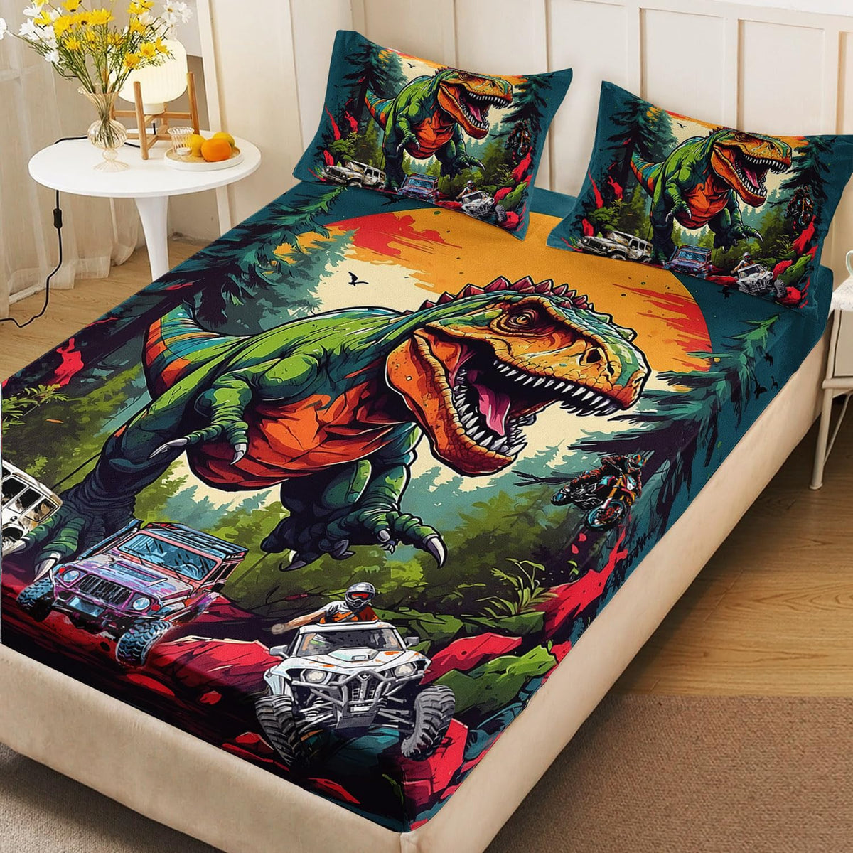 AILONEN Cartoon Truck Dinosaur Fitted Sheet Set Twin Size, Dinosaur with Monster Trucks Bedding Set for Boys Kids,Sunset Theme Bedsheets Set,3-Pieces,1 Sheet Set + 2 Pillowcases,Soft,Breathable