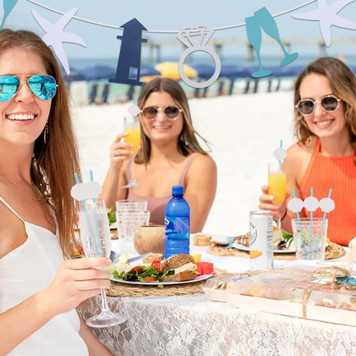 12Pcs White Shell Blue Straws - Ocean Birthday Wedding Decorations,Shell Disposable Drinking Paper Straws,Last Toast on the Coast Party Decorations,Seashells Bachelorette Party Centerpieces
