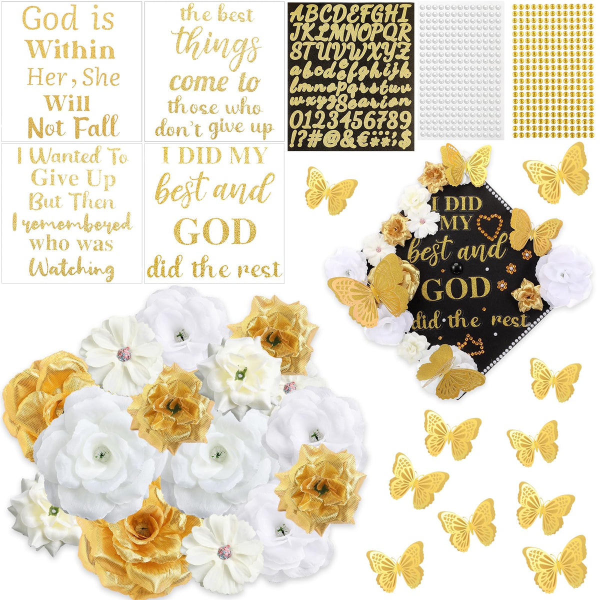 Solsew 35 Pcs DIY Graduation Cap Decorations Kit, Include Faux Flower 3D Butterfly Graduation Quote Glitter Sticker Pearl Rhinestone for Grad Hat Topper Cover Craft Gift(Creamy White,Gold,White)