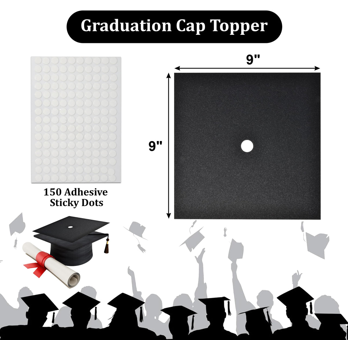 Graduation Cap Topper Kit 25 Count 9x9 Inch Black Glitter Caps with 150 Adhesive Dots for DIY Decorating Mortarboard Decoration Supplies