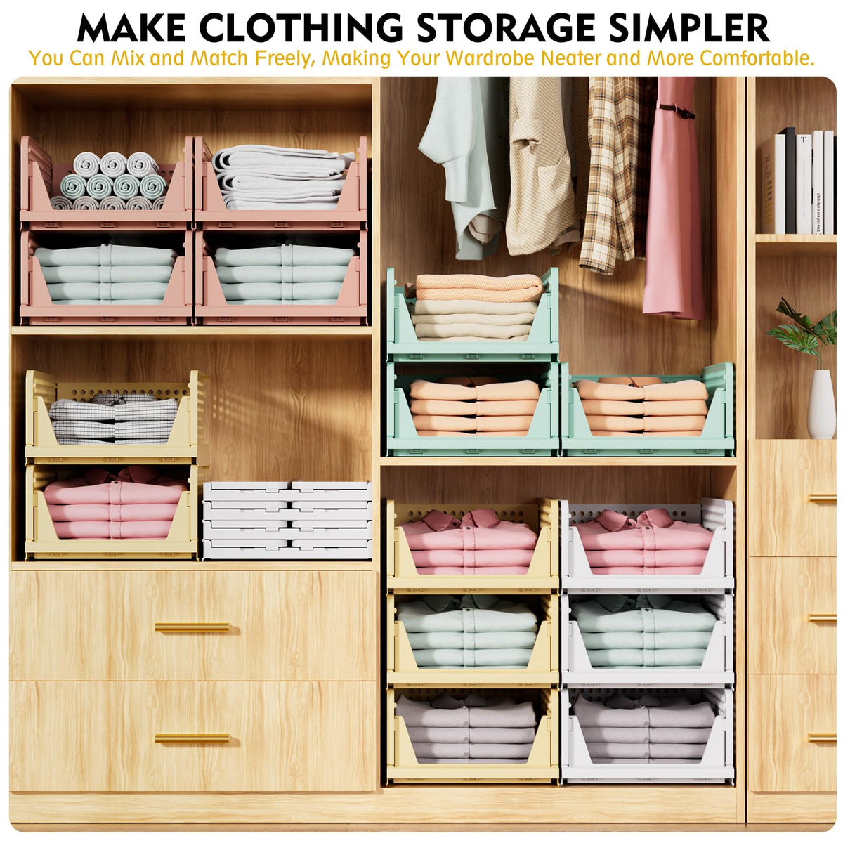 SNSLXH 5 Pack Stackable Closet Storage Basket, Multifunctional & Foldable Closet Organizer for Bathroom Kitchen Laundry Room Wardrobe Storage, Space-Saving Clothes Storage Drawer Organizer, White
