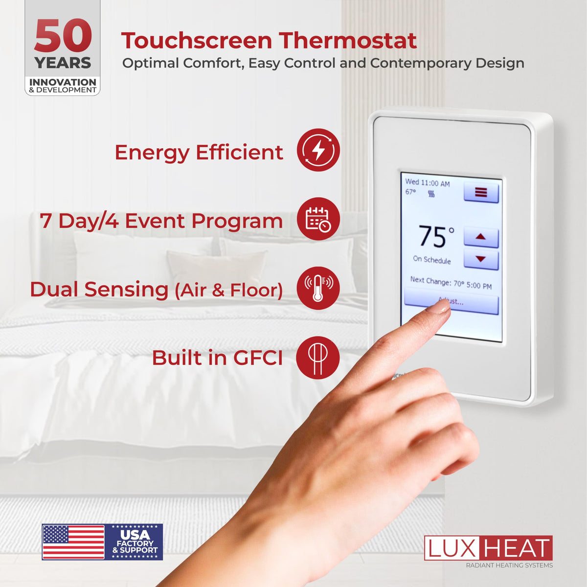 LuxHeat 30sqft Floor Heating Mat Kit - 120v Under Tile Floor Heating System - Complete Electric Radiant Heated Flooring System Includes Alarm, UDG4 Programmable Thermostat w/GFCI & Flooring Sensor