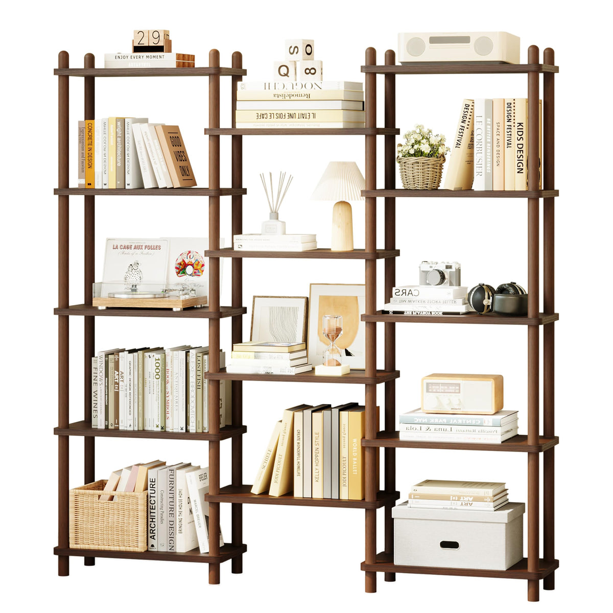IOTXY Wooden Triple Wide Bookshelf - 5-Tier Large Shelf Bookcase with Solid Beech Frame, Tall Freestanding Open Etagere Display Rack for Home Office, Walnut