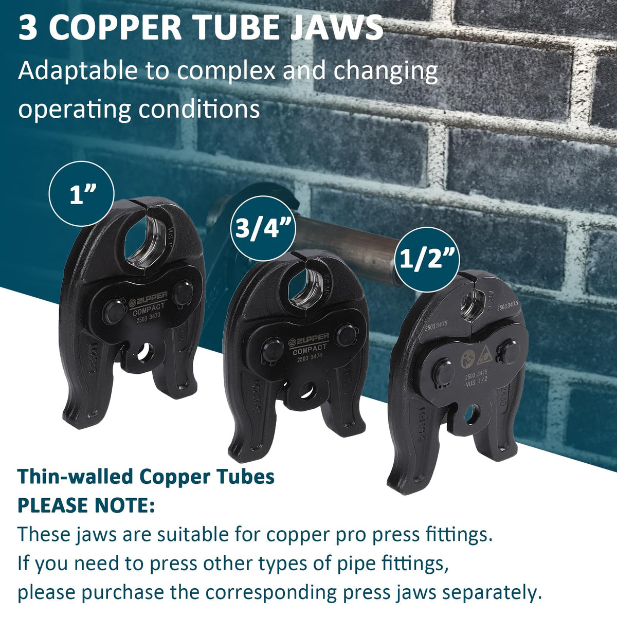 ZUPPER Press Tool, 18V Electric Copper Pipe Crimping Tool with 3 Press Jaws 1/2” 3/4” 1”,Brushless Motor,2pcs 2Ah Battery Fast Charger & Carrying Case