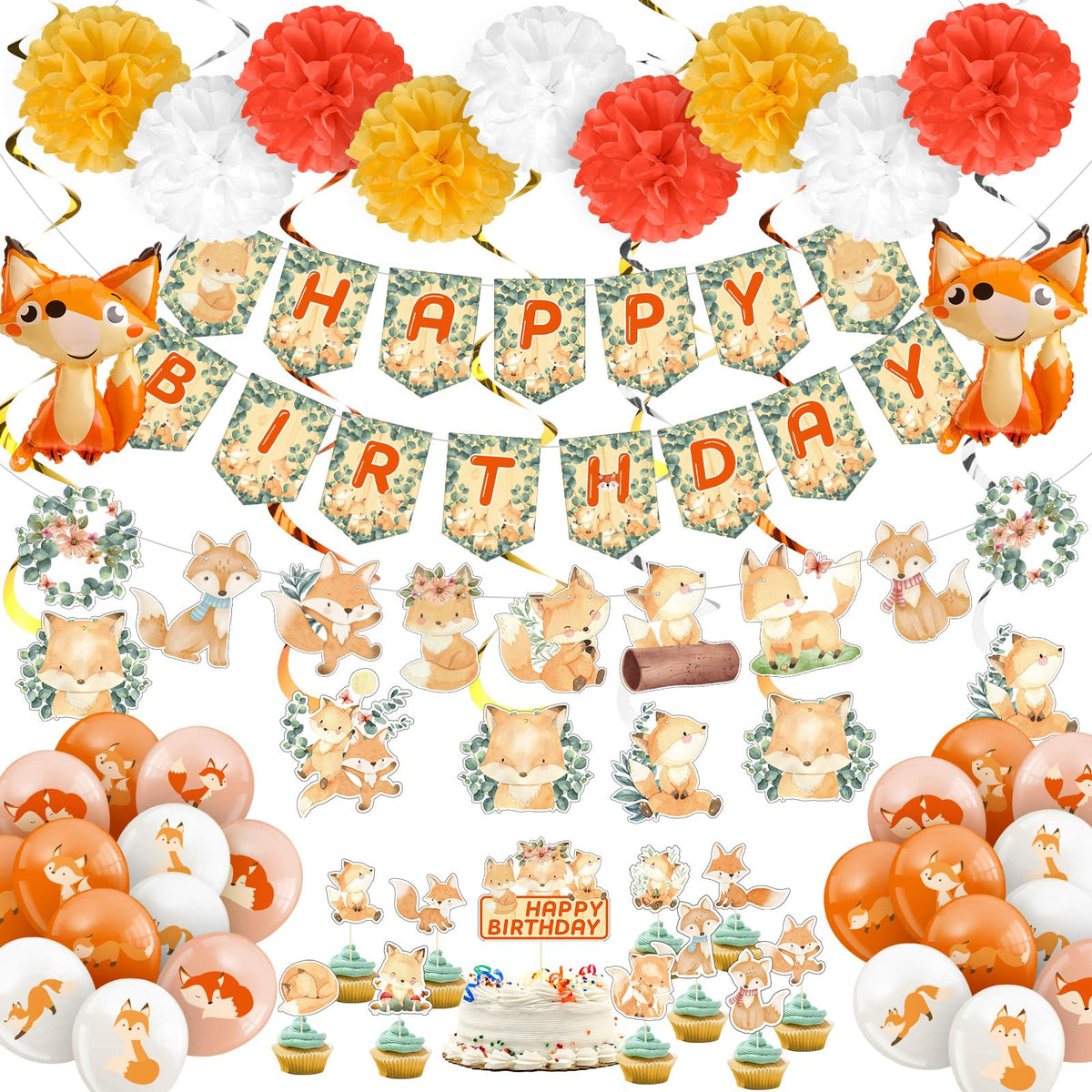 Outus 79 Pcs Fox Theme Birthday Party Decorations Woodland Fox Animal Supplies Kit Include Happy Birthday Banner Pom Pom Flowers Hanging Swirls Latex Balloons Cupcake Topper