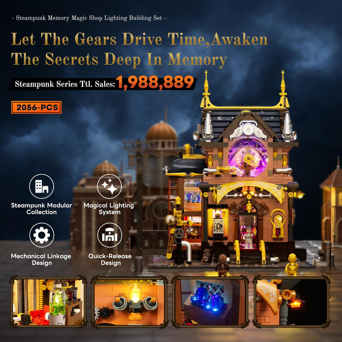 Lumibricks Steampunk Memory Magic Shop Lighting Building-Bricks Set, 2056 Pcs Modular Building from Chrono Custodians Collection Display Set for Adults and Steampunk Lovers