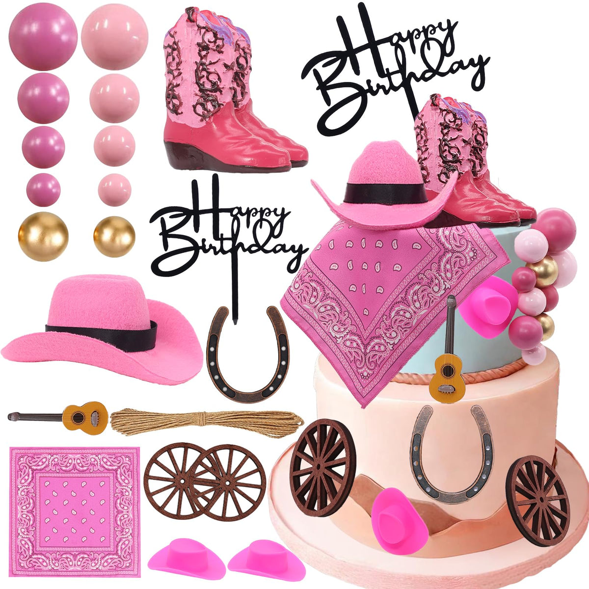 BiBo Cowgirl Cake Topper First Rodeo Birthday Cupcake Decorations Girl Mini Pink Cowgirl Hat and Boot for Western Disco Baby Shower Vaquero Themed Party Favors Supplies