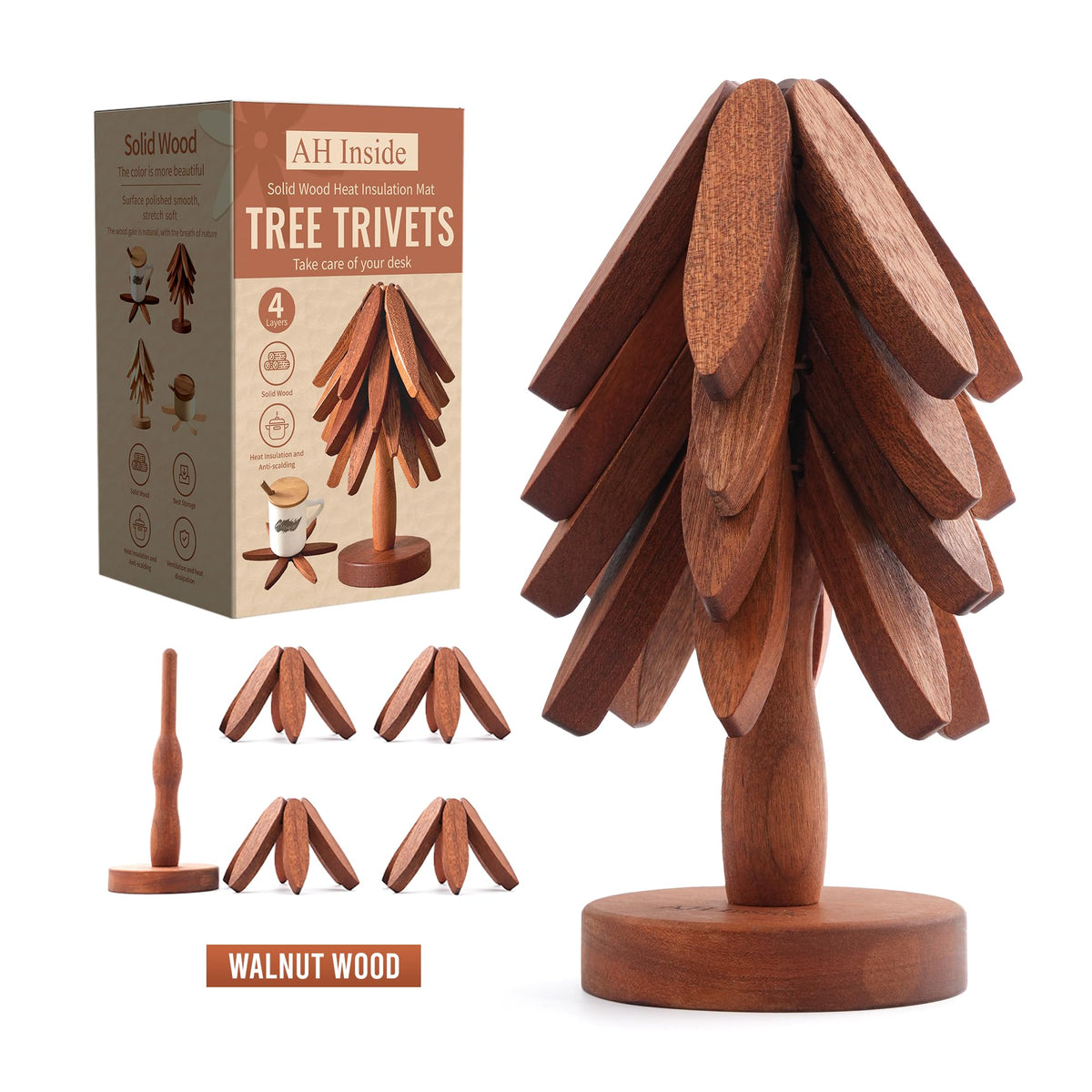 AH Inside Wooden Tree Trivet Set of 4 – Wood Trivets for Hot Dishes, Natural Wooden Pot Holders, Tree Coasters, Heat-Resistant Kitchen & Dining Decor.