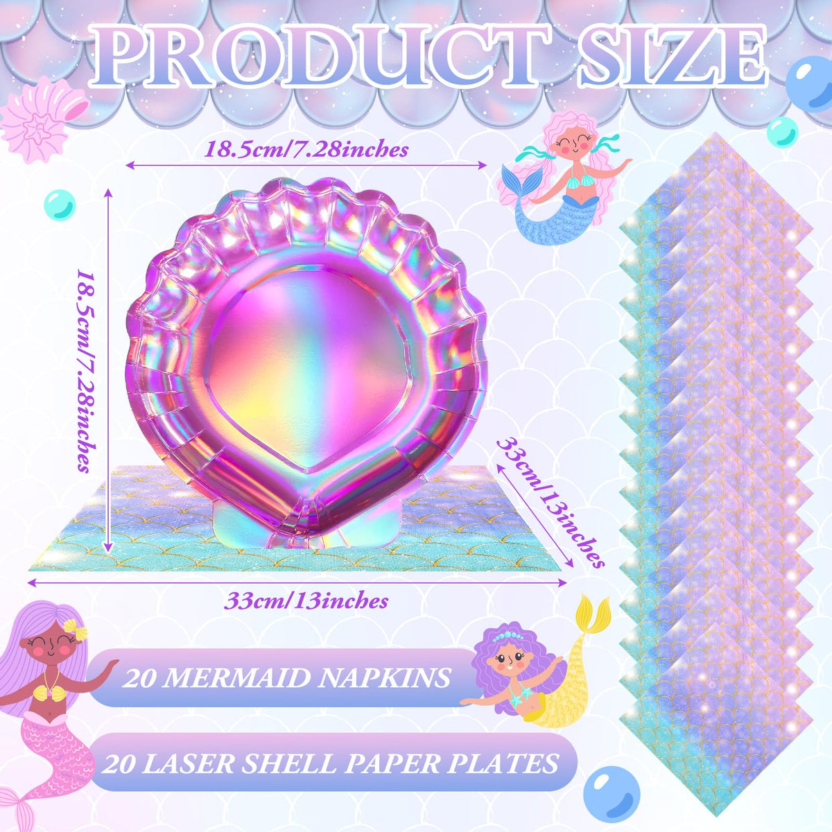 Gersoniel 40 Pcs Iridescent Pink Mermaid Party Supplies Set, 20 Clam Shell Plates and 20 Mermaid Scales Napkins Party Decorations Disposable Paper Plates and Napkins Seashell for Birthday(Shell)