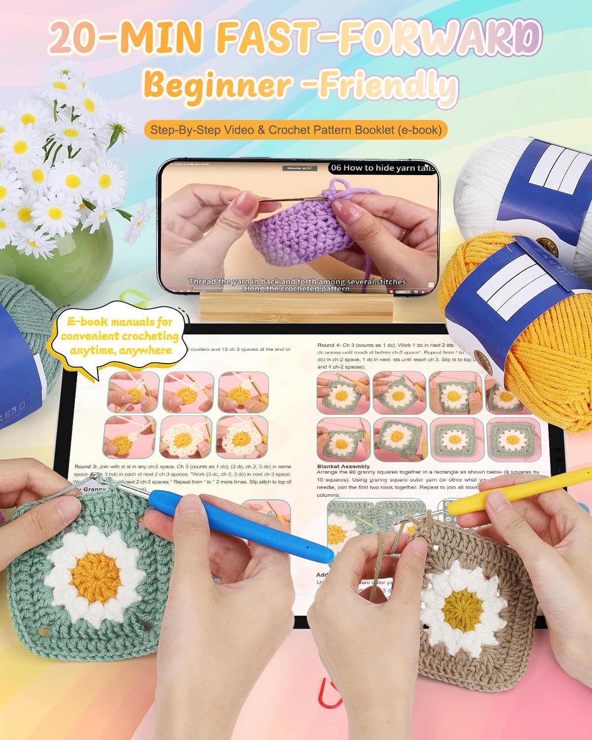 Coopay Crochet Kit for Beginners, Crochet Starter Kit for Blanket, Granny Squares Video Instructions, Easy to Learn Knitting for Beginner