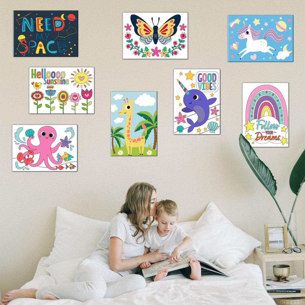 goldentime 8 Packs 5x7 Pre Drawn Canvas Set,Paint by Numbers for Kids,48 Paints 8 Brushes 2 Easels,Pre-Printed Acrylic Oil Painting Kit Ages 8-12 9-12 4-8