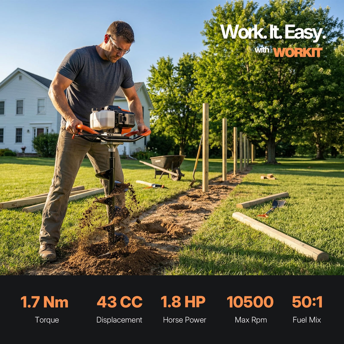 WORKIT 43CC Post Hole Digger, Auger Post Hole Digger Easy Start, 2-Cycle Xtreme Engine, Gas Powered Earth Auger with 8" Auger Drill Bit, 20" Extension Rods, EPA Certification, for Farmland, Garden