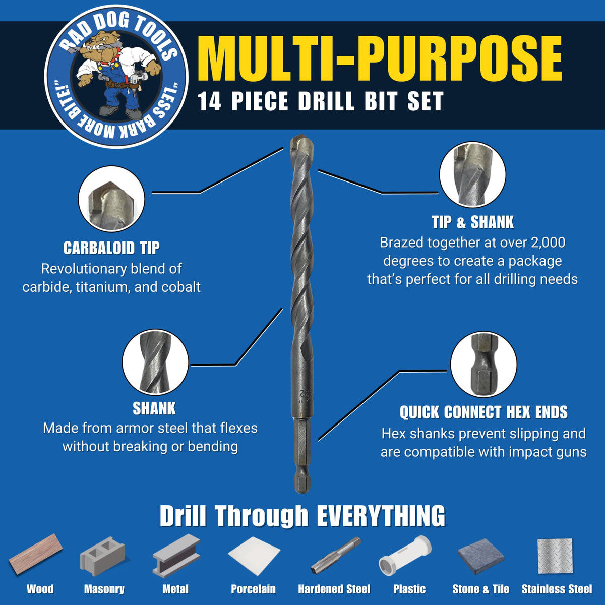 Bad Dog Multipurpose Drill Bits (14 Piece) with Diamond Sharpener Wheel (Includes arbors)