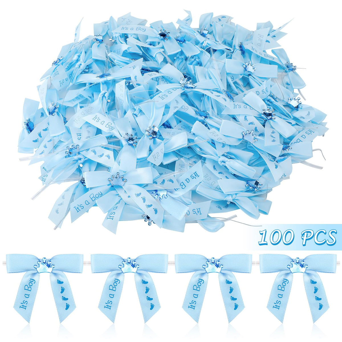 Wavwavw 100 Pcs Baby Shower Satin Ribbon Twist Tie Bows 2.5" Pre Tied Craft Bow Baby Foot Print Ribbon Bows for Baby Shower Birthday Party Treat Bags Gift Wrapping Basket Decor (Baby Blue)