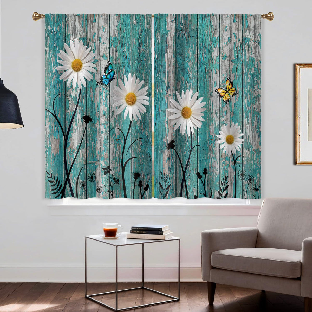 Cizuug Farmhouse Teal Daisy Kitchen Curtains Rustic Wooden Country Small Short Cafe Window Curtains Vintage Flower Floral Rod Pocket Bathroom Drapes Treatment Tier Curtains 2 Panels(27.5x39 Inch)