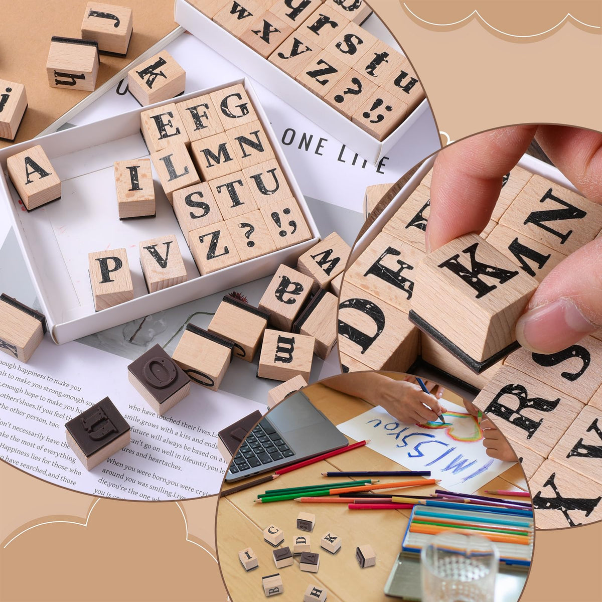 Simarro Wood Alphabet Stamp Set, 66 Pcs Wooden Rubber Stamps with Uppercase and Lowercase Letters Numbers and Symbols for DIY Projects Arts and Crafts Scrapbooking Classroom Games