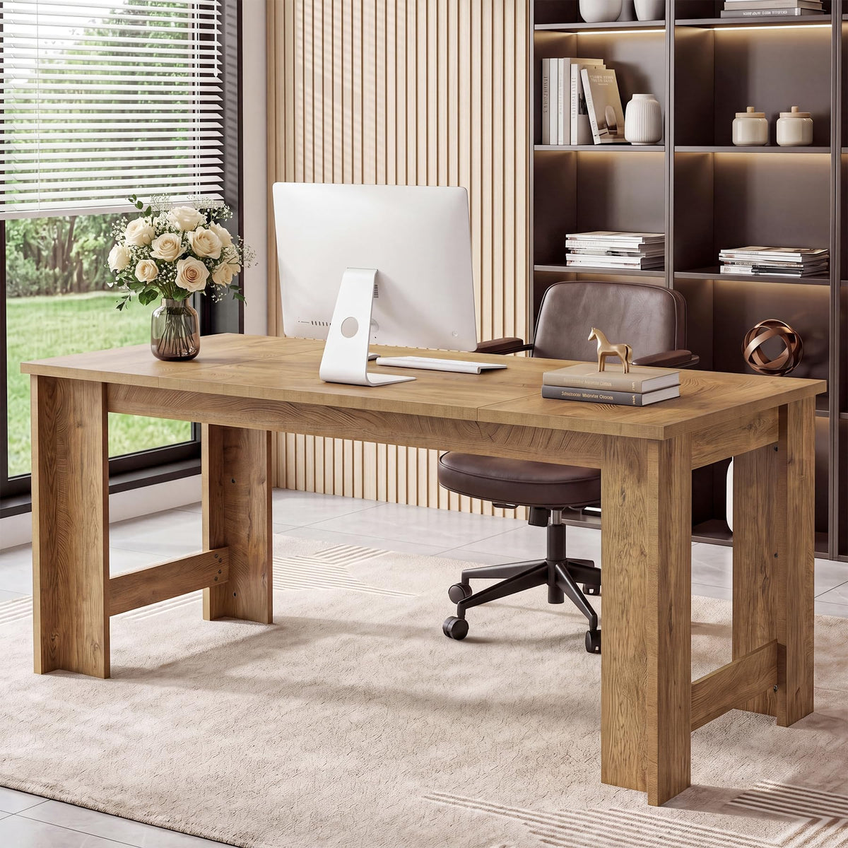 Tribesigns 70.8" Modern Executive Desk, Wooden Office Computer Desk, Long Workstation with Sturdy Panel Legs, Rectangular Writing Desk for Office, Business, Natural