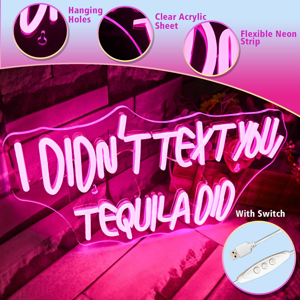 VVYXX I Didn't Text You, Tequila Did Neon Sign for Wall Decor,Neon Light for Bedroom Bar Man Cave Business Bar Decoration