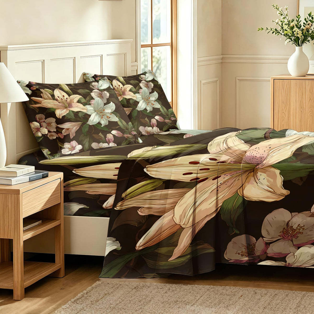 Lily Floral Sheet Set, 4 Pcs Queen Size Botanical Bed Sheets