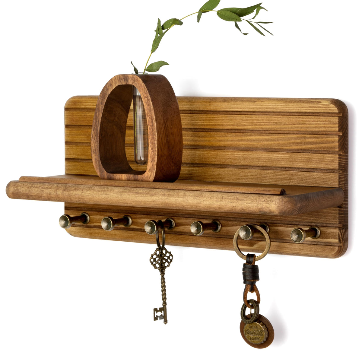 Rebee Vision Farmhouse Key Holder Wall Mount for Home Decor – Decorative 11-inch Pine Wooden Key Holder for Wall with 6 Hooks & Floating Shelf - Apartment Essentials for Tidy Space (Light Brown)