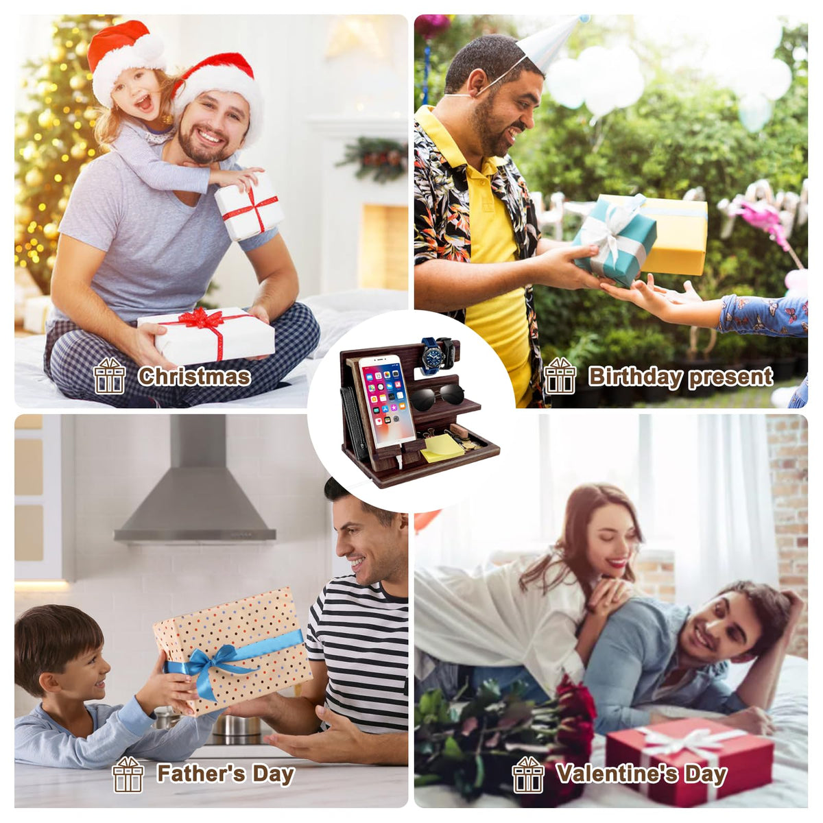 Gifts for Men Christmas, Wood Phone Docking Station, Mens Gifts for Birthday or Gifts for Dad Fathers Day, Desk Workspace Organizer Nightstand Organizer Key for Wallet & Watch Holder Husband Christmas
