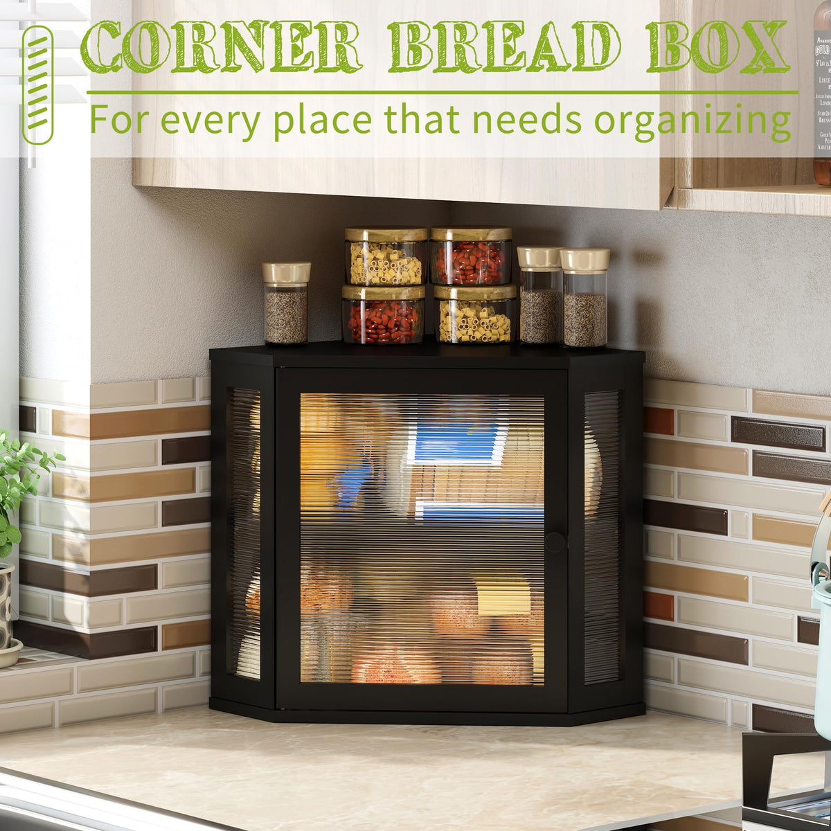 BMOSU Corner Bread Box for Kitchen Countertop Double Layer Bamboo Wooden Bread box Large Capacity Bread Storage Bin(Black, Medium)