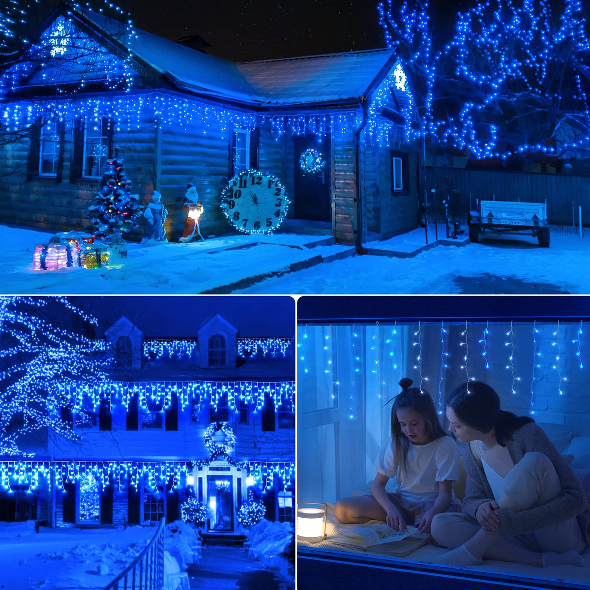 oopswow Icicle Lights Outdoor Decorations 300 LED 33ft 8 Modes Curtain Fairy String Light with 50 Drops, LED String Light Indoor for Wedding Party Holiday Christmas Decorations,Blue+White