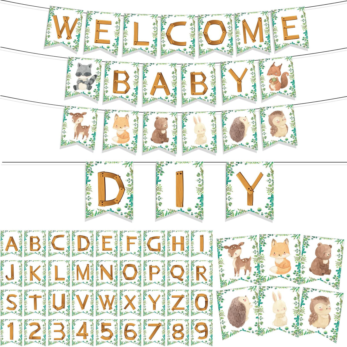 Motiskyy 115 Pcs Woodland Baby Shower Banners Kit DIY Woodland Party Banner Customizable Forest Animal Letters for Baby Shower Kids Birthday Party Decoration
