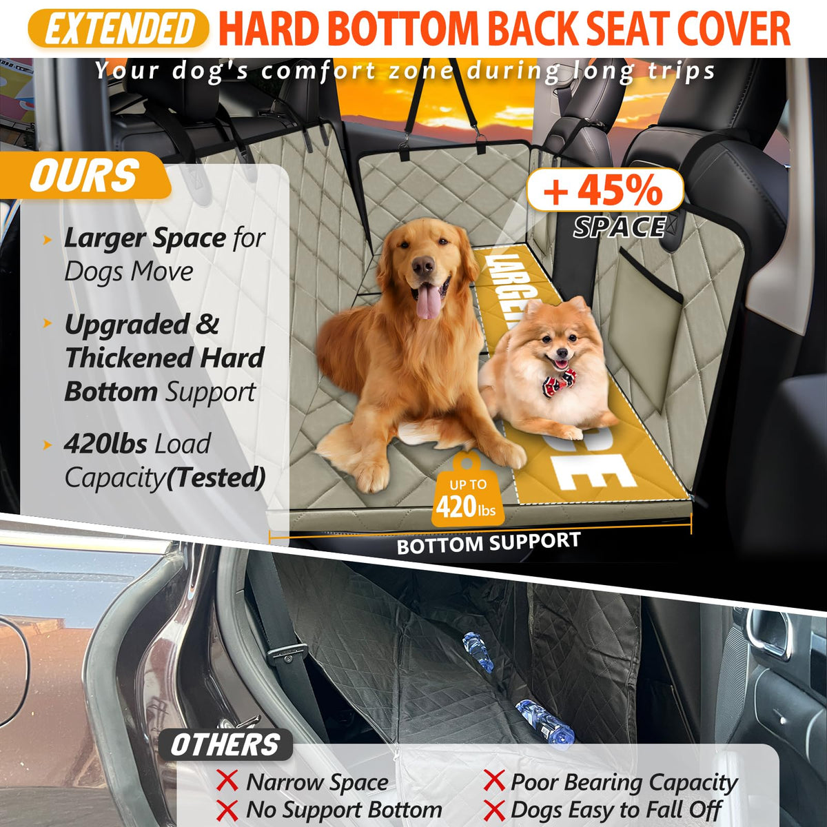 ROUWINNE Back Seat Extender for Dogs-Large Space, Dog Car Seat Cover Hard Bottom Holds 420lbs, Sturdy Backseat Extender for Dogs, Upgraded Waterproof Pet Car Bed Dog Hammock for Car SUV, Truck Khaki