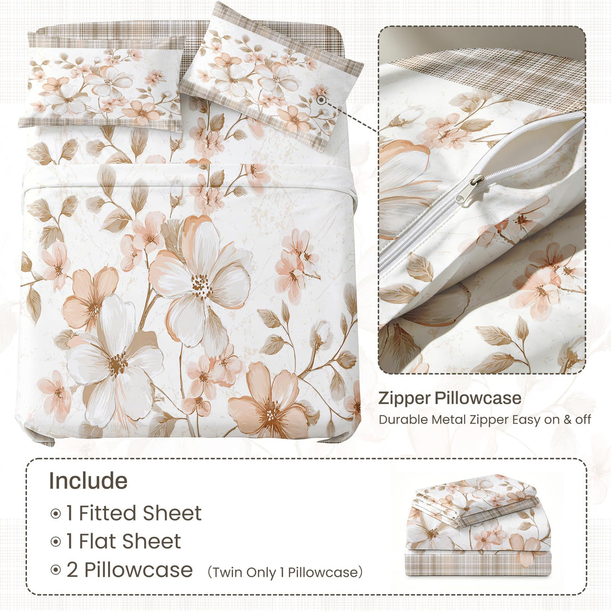 Plaid and Floral Queen Sheet Set Farmhouse Flat Fitted Sheet Sets