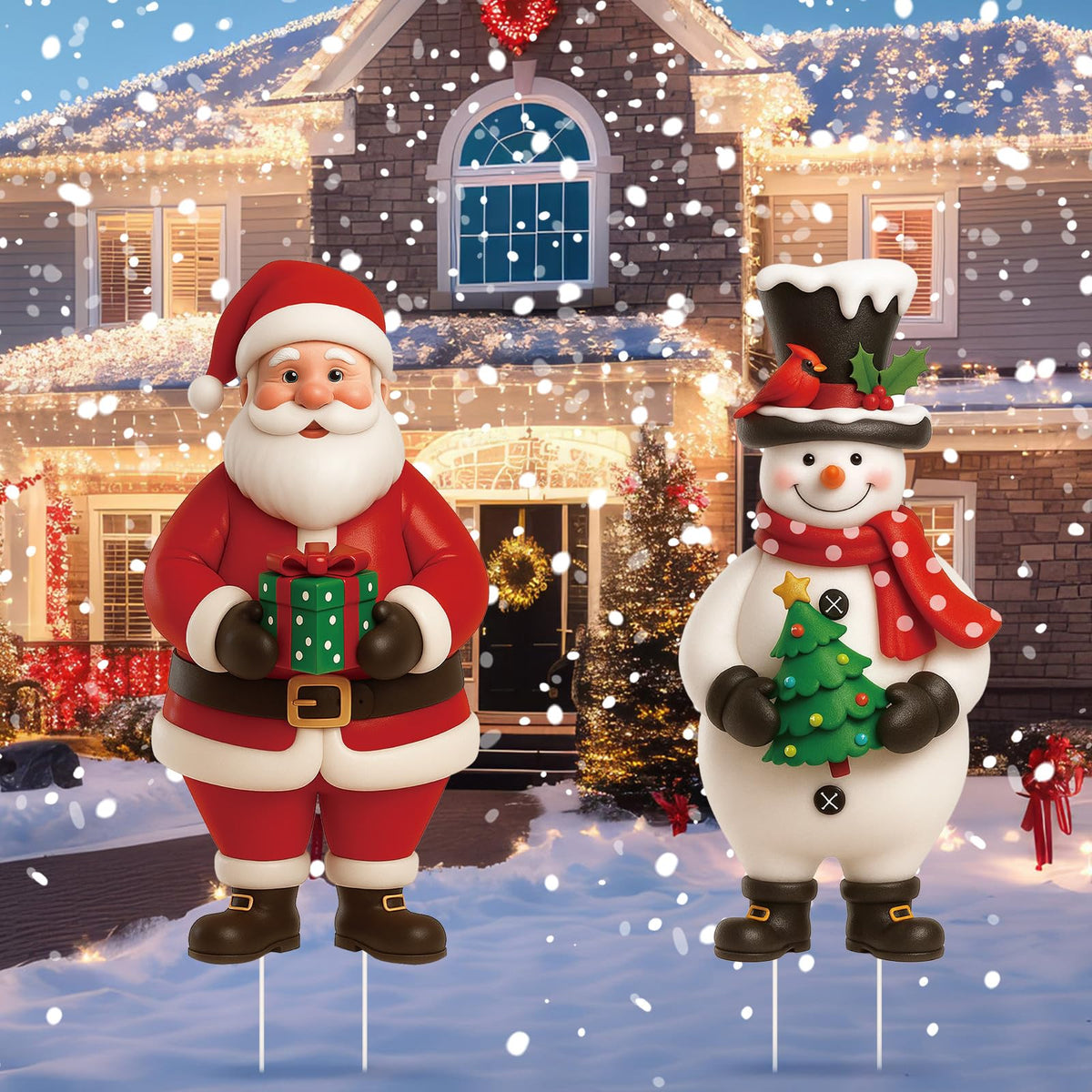 Nuanchu 2 Pcs Metal Christmas Yard Signs Decorative Santa Claus Snowman Yard Sign Stake 27.6 Inches Waterproof Xmas Garden Signs Christmas Outdoor Decorations for Outside Xmas Garden Holiday Party