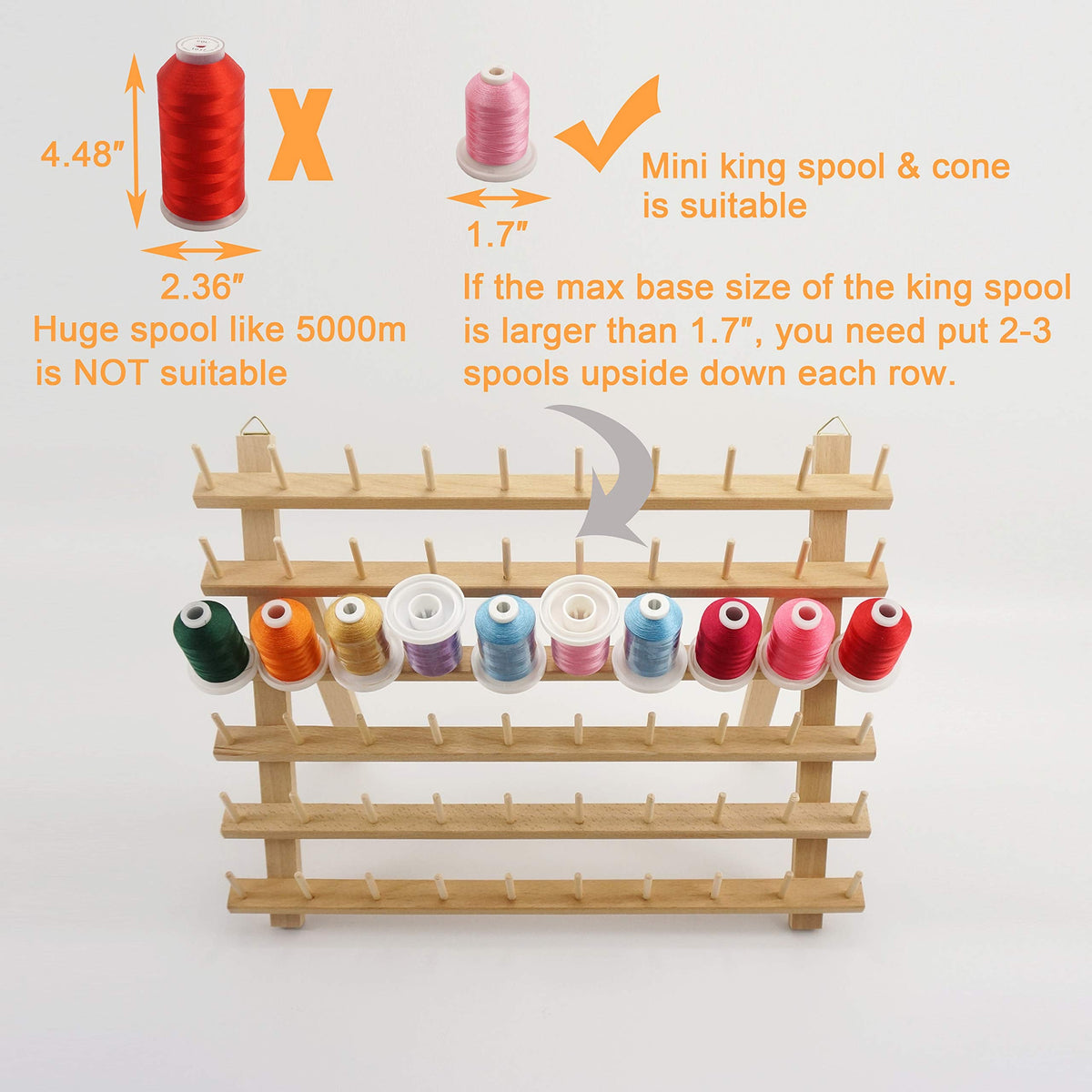 New brothread 2X60 Spools Wooden Thread Rack/Thread Holder Organizer with Hanging Hooks for Embroidery Quilting and Sewing threads