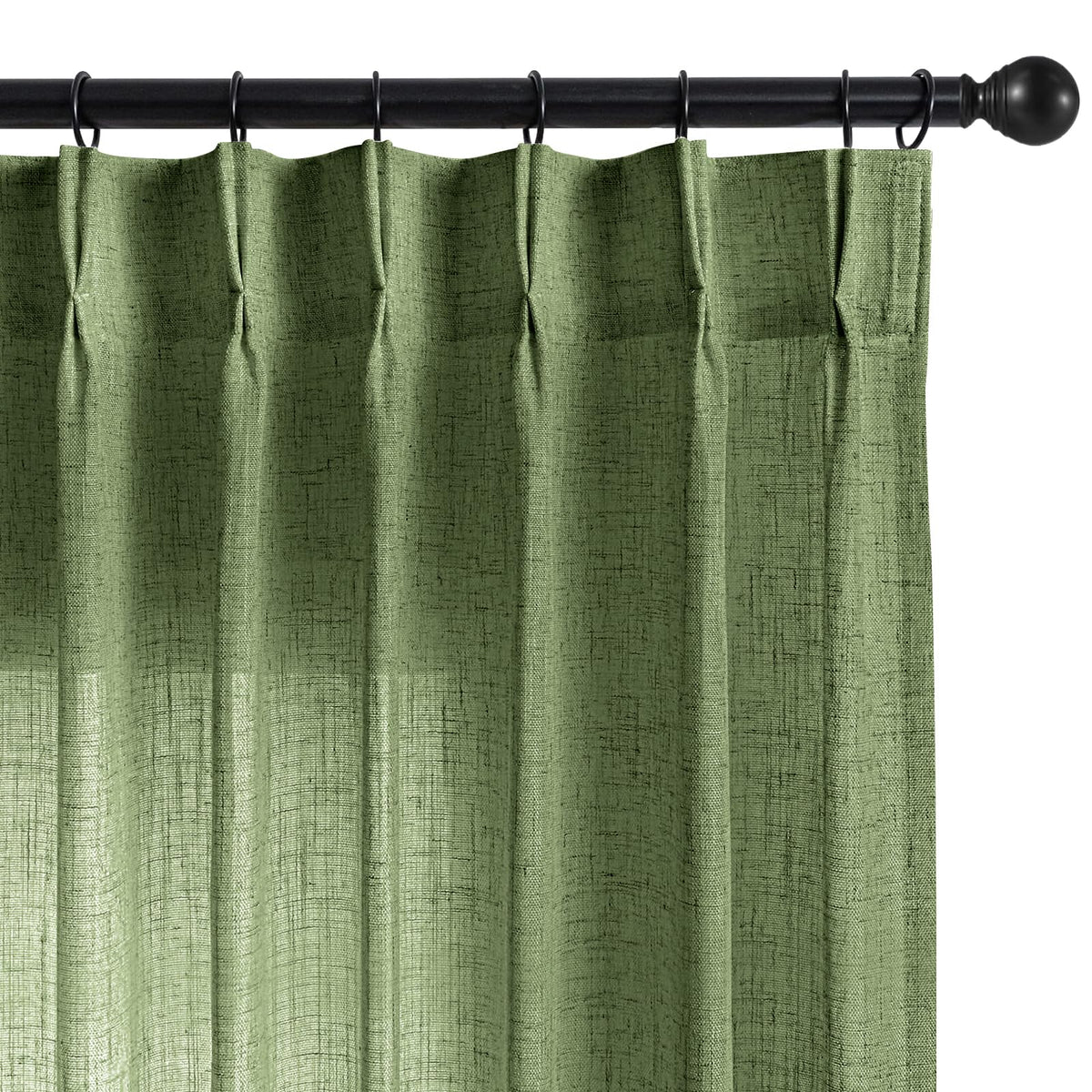 Joydeco Olive Green Pinch Pleated Linen Curtains 84 Inch Long 2 Panel Set for Living Room, Semi Sheer Curtain for Bedroom, Back Tab Light Filtering Drapes with Adjustable Hooks (40”W x84”L)