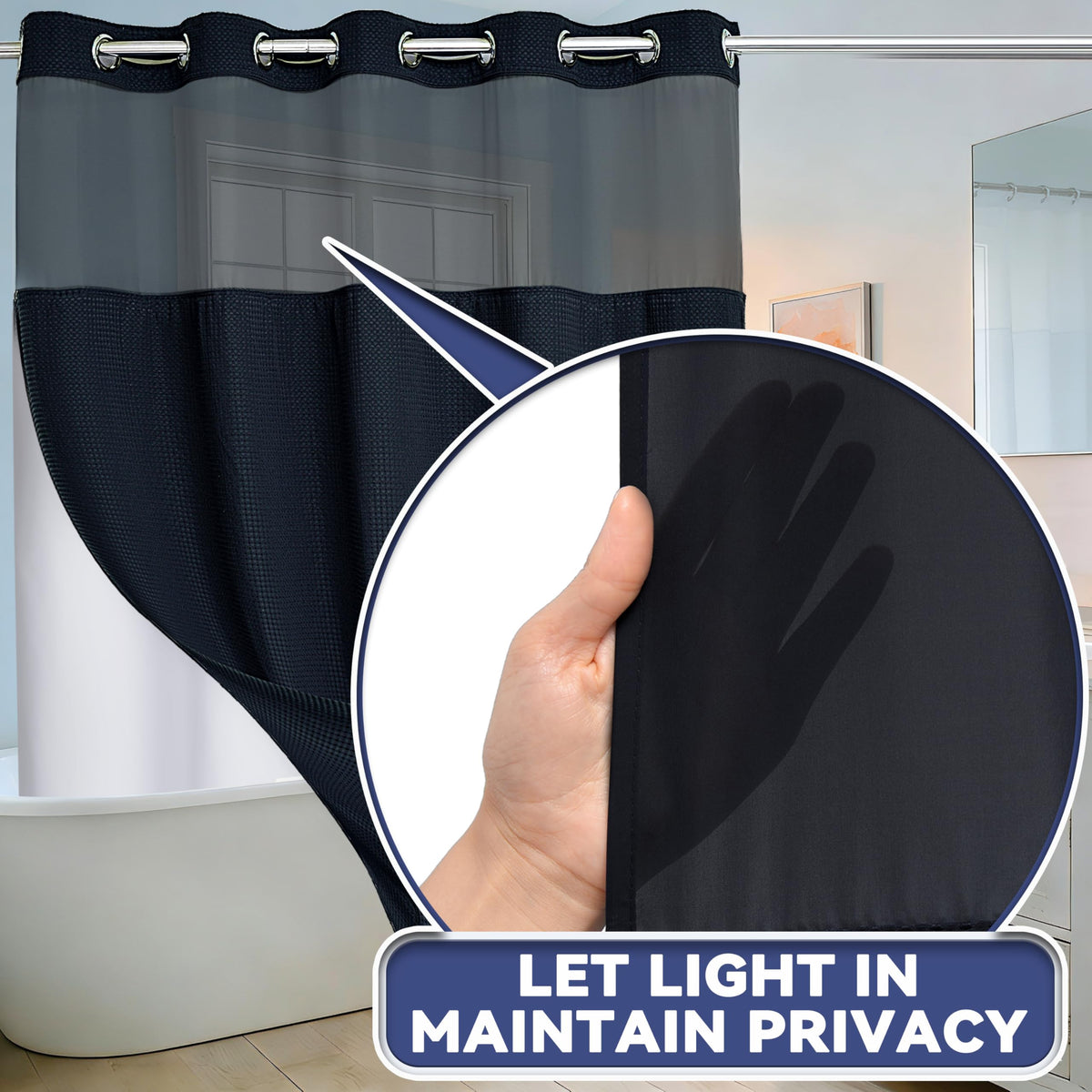 Conbo Mio No Hook Waffle Weave Shower Curtain with Snap in Liner Set, Hotel Luxury Black Shower Curtains for Bathroom with See Through Top Window, Waterproof, Washable 71W x 74H