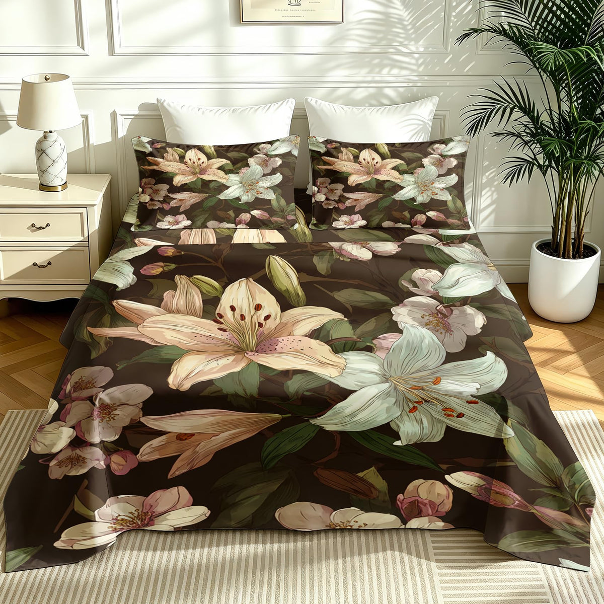 Lily Floral Sheet Set, 4 Pcs Queen Size Botanical Bed Sheets