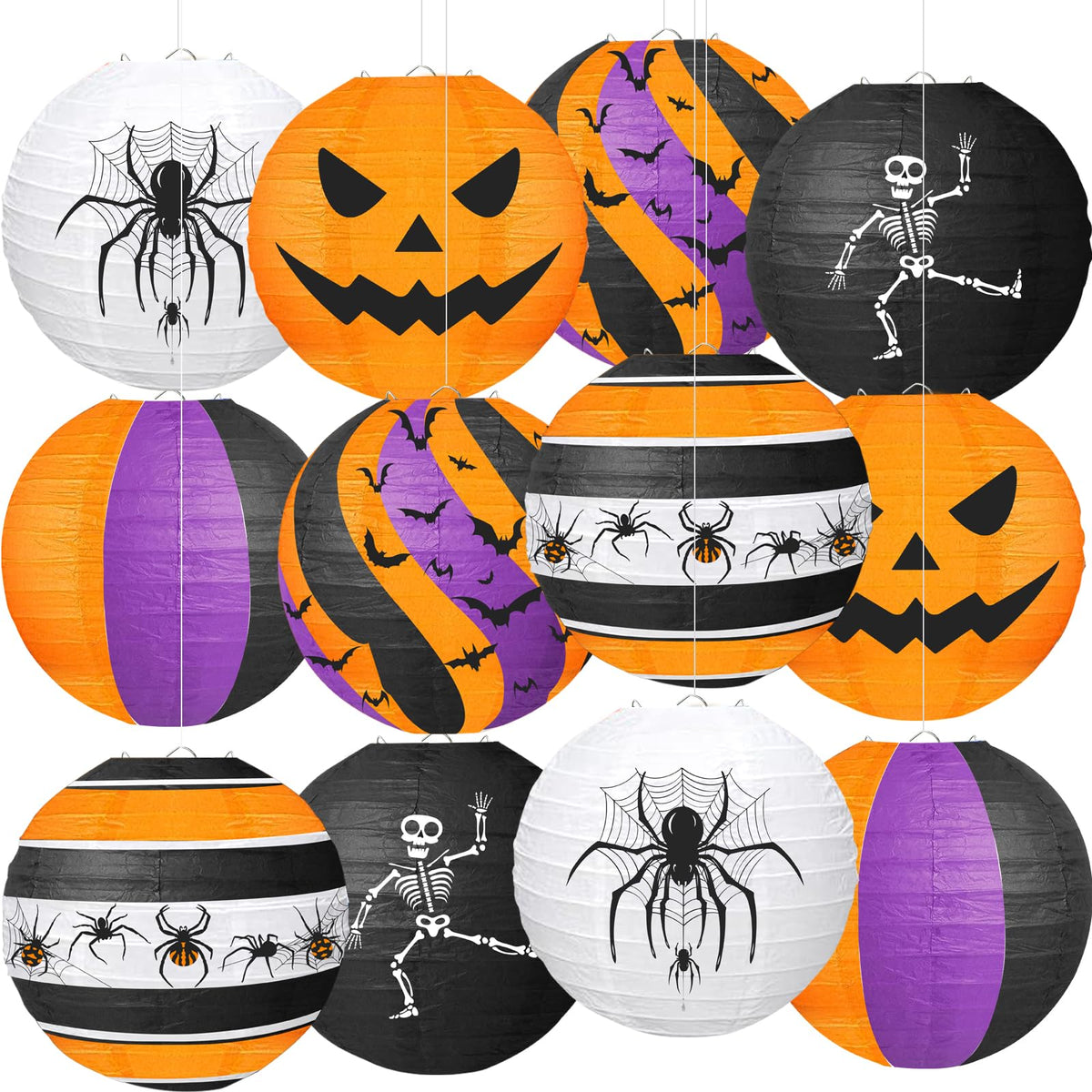 ADLKGG Halloween Party Decorations, Black Orange Purple Hanging Spider Bat Pumpkin Skeleton Paper Lantern for Halloween Birthday Decorations, Trick-or-Treating Events, Wedding,Garden Home Decor, 12pcs