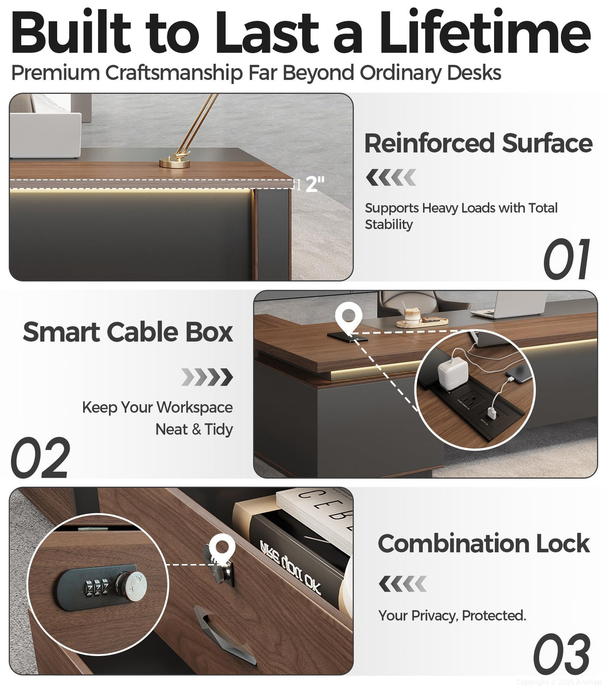 87" Reversible L-Shaped Executive Desk with Drawers – Luxury Office Computer Desk with Open Shelves, LED Lighting, Built-in Outlet & USB Ports for Home Office, Corporate, School (87"W x 71"D x 30"H)