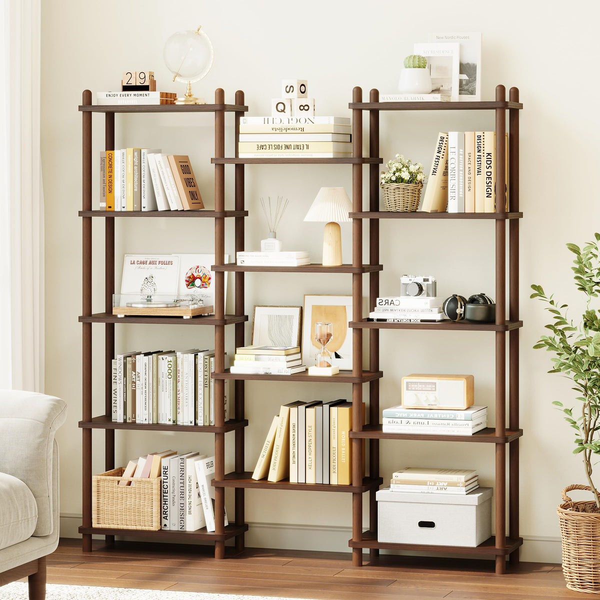 IOTXY Wooden Triple Wide Bookshelf - 5-Tier Large Shelf Bookcase with Solid Beech Frame, Tall Freestanding Open Etagere Display Rack for Home Office, Walnut