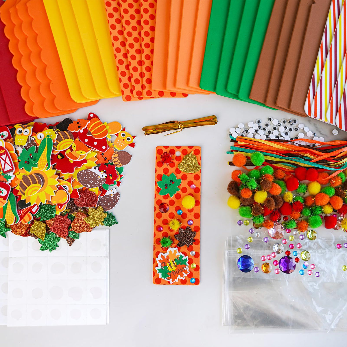 Winlyn 32 Sets Fall Crafts Kits DIY Fall Bookmarks Decorations Art Sets Maple Leaves Smile Face Owl Turkey Pumpkins Foam Stickers Arts and Crafts for Kids Thanksgiving Halloween Classroom Activities