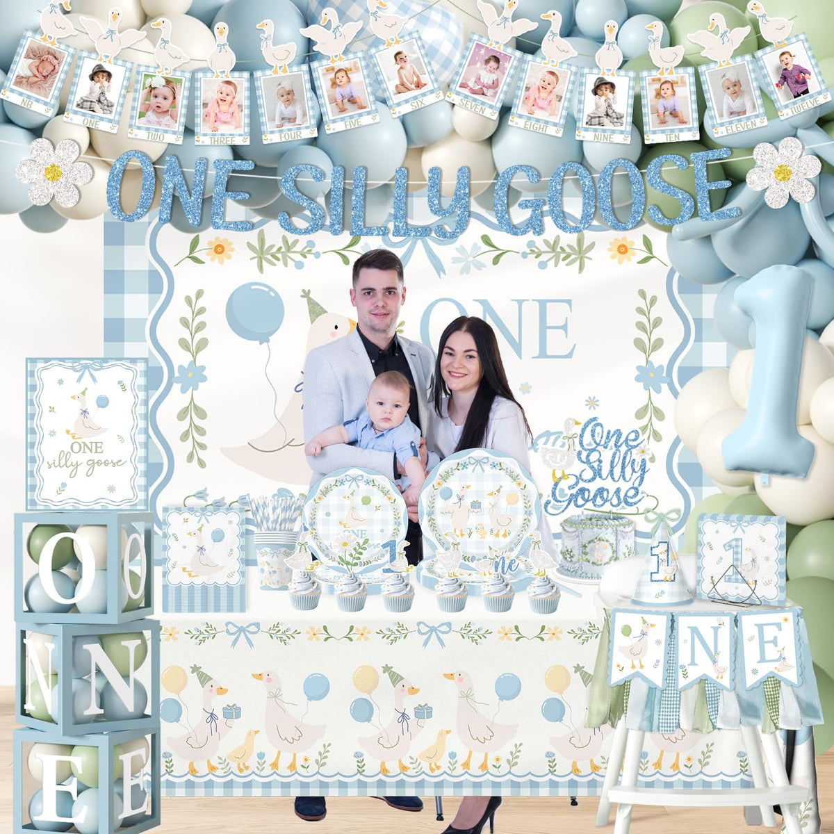 One Silly Goose Birthday Decor Boy, 270Pcs Blue Silly Goose First Birthday Decorations Kit include One Silly Goose Banner,Backdrop,Balloon Arch,Boxes,High Chair Banner,Bow Cupcake Toppers,Tableware