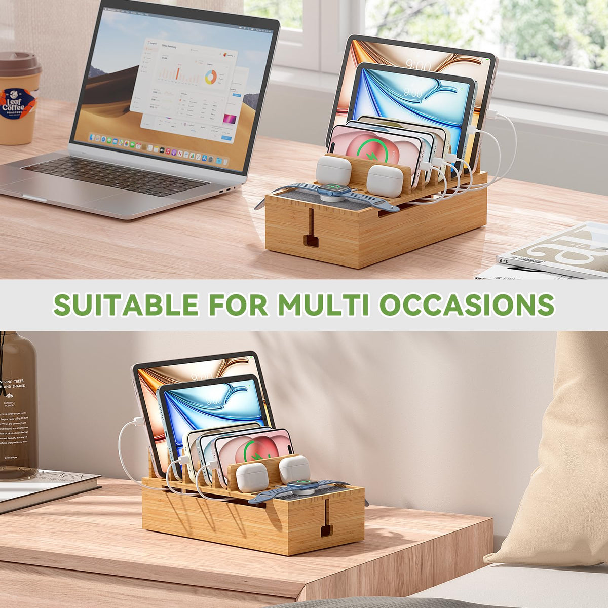 Pezin & Hulin Bamboo Charging Stand Rack, Wooden Charge Box for Mobile Phones, Tablets, Smart Watch and Earbuds, Wire Cable Organizer Box, Bedside Dock Stand Holder (NO Power Adapter Supply) -Natural