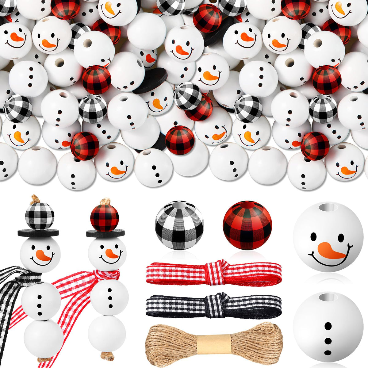 Landical 180 Piece DIY Christmas Snowman Wooden Bead Crafts Christmas DIY Ornaments Red Black Buffalo Plaid Wood Round Bead Xmas Print Wooden Beads with Twine Scarf for Crafts