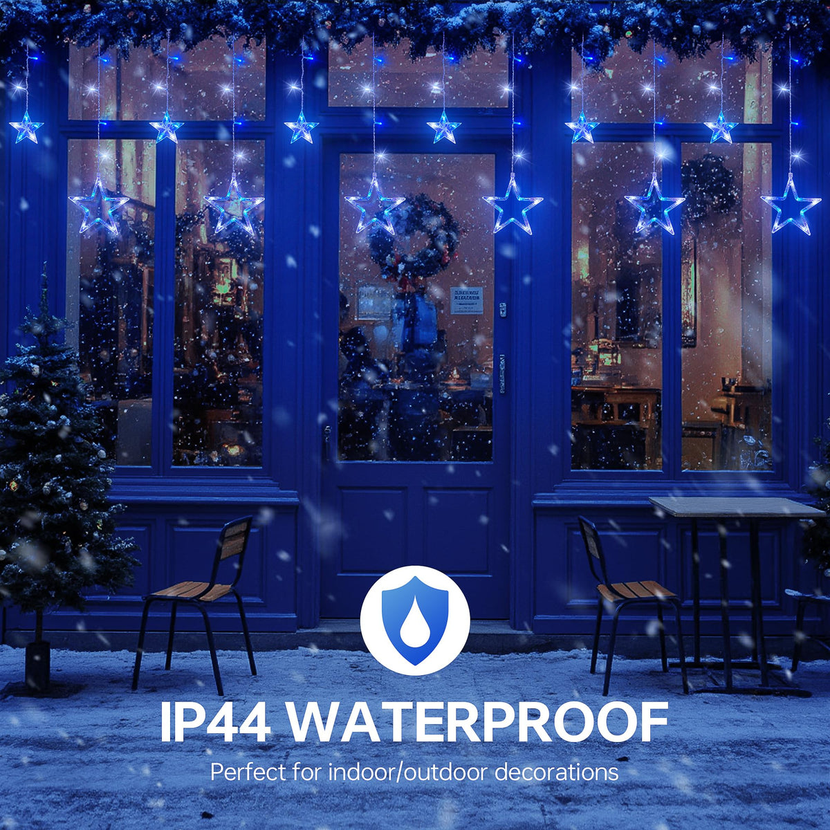 MYGOTO 126L Blue White Christmas Star Icicle Lights, 8.2FT Clear Curtain Fairy String with Connectable, Timer 8 Modes Memory, Waterproof Hanging for Eaves, Party, Wedding Indoor Outdoor Decorations