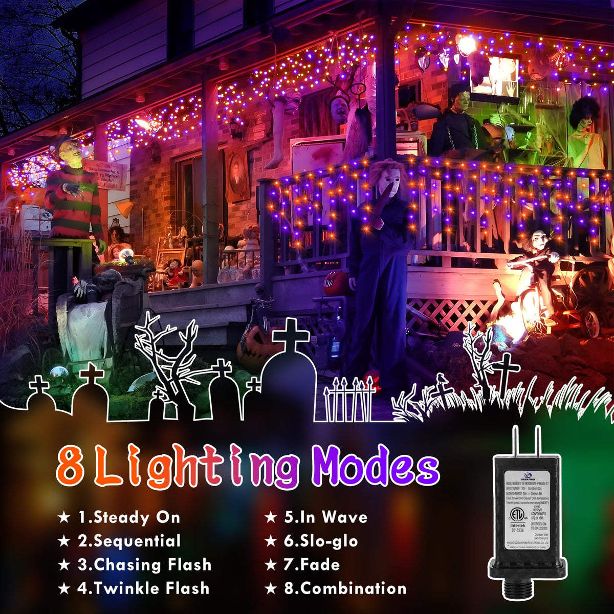 KNONEW 33FT 400 LED Orange Purple Halloween Lights Outdoor Black Wire String Lights with 75 Drops, 8 Lighting Modes, Timer Memory Function Connectable Hanging Curtain Lights for Halloween Party Decor