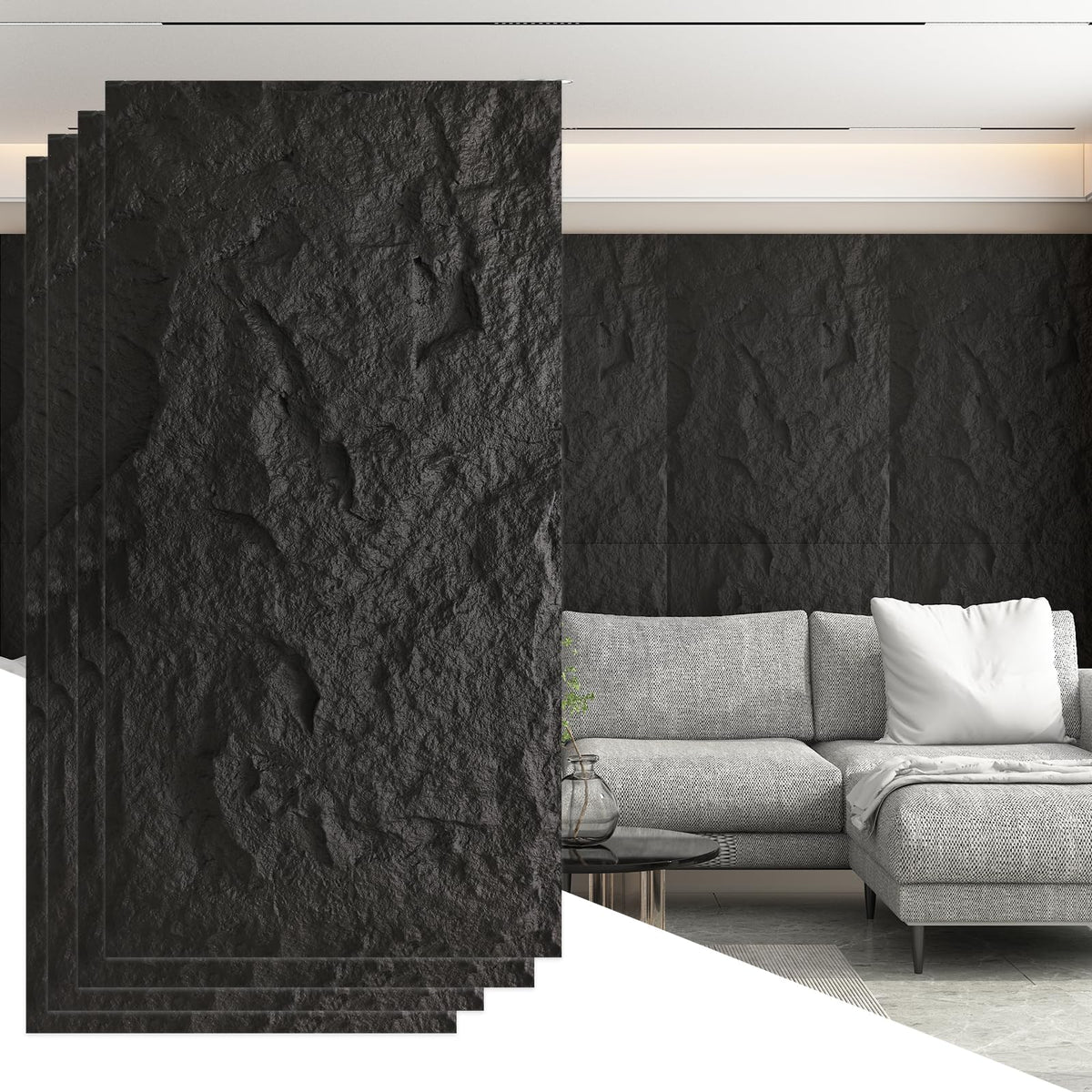 OUZUGIE 4 PCS Faux Stone Wall Panel 47.2’’ x 23.6’’ Interior Exterior Wall Decor 3D PU Panel with Lava Stone Design Black