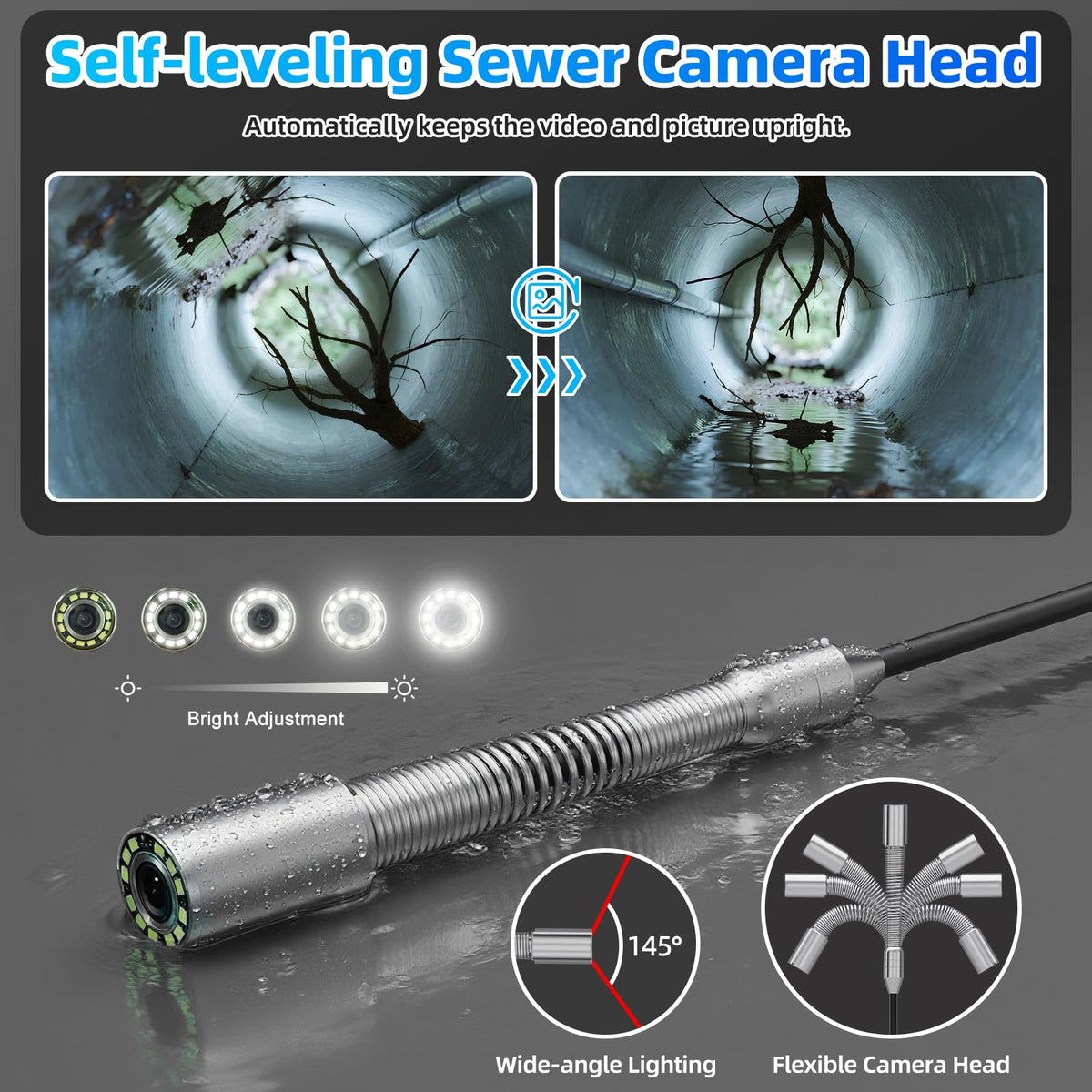 Sanyipace Sewer Camera with 512Hz Transmitter,10" Plumbing Camera with Distance Counter, IP68 Camera with 12 Adjustable LEDs,32GB DVR for Sewer Line,Home,Duct Drain Pipe Plumbing（100ft/30m,7mm Cable